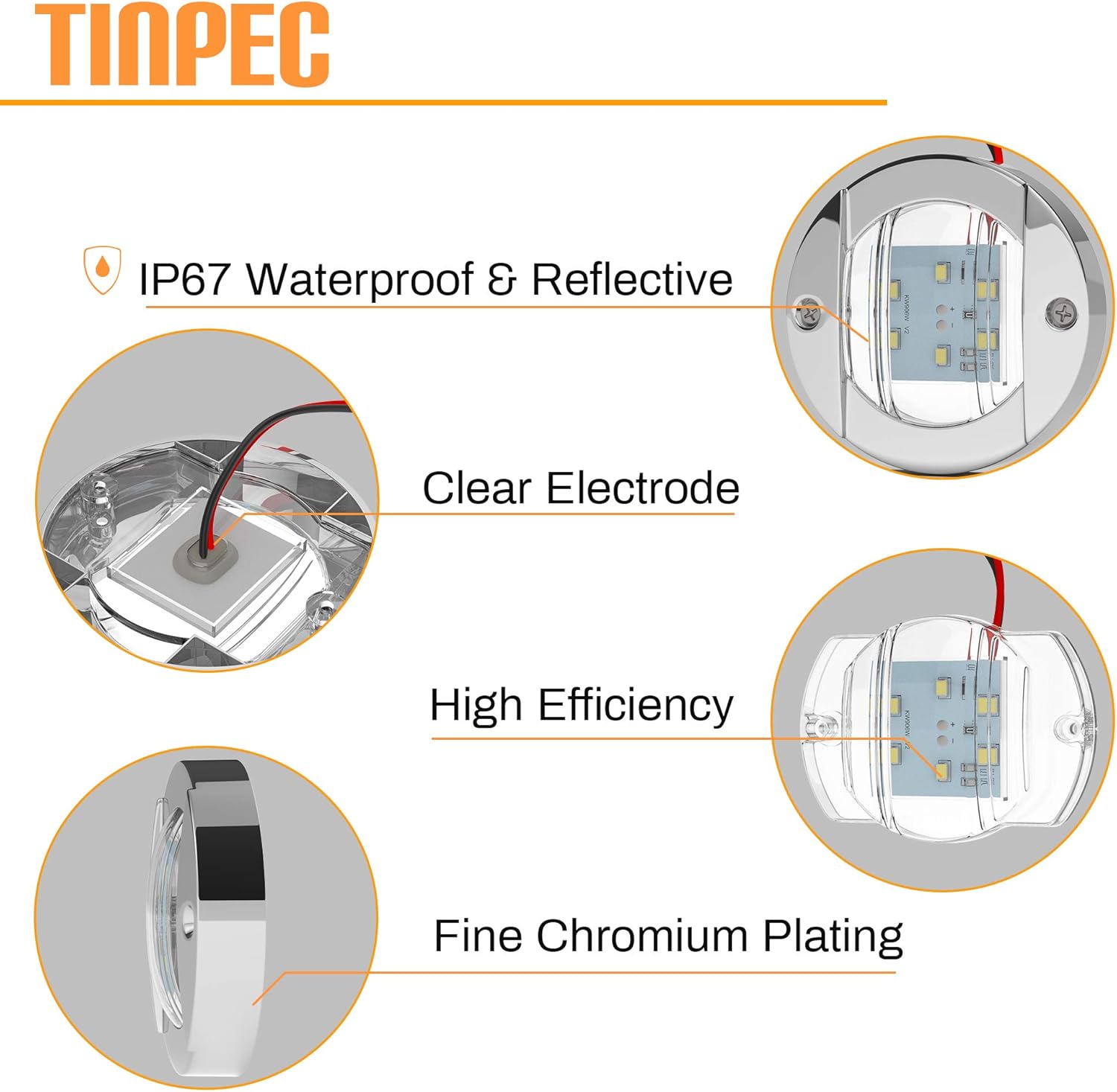 Tinpec Navigation Lights, 4PCS Marine Lights IP67 Waterproof Boat LED Lights 12V with Chrome Bezel for Boat Transom Mount Stern Anchor Side Bow Deck Suitable&ndash; Blue