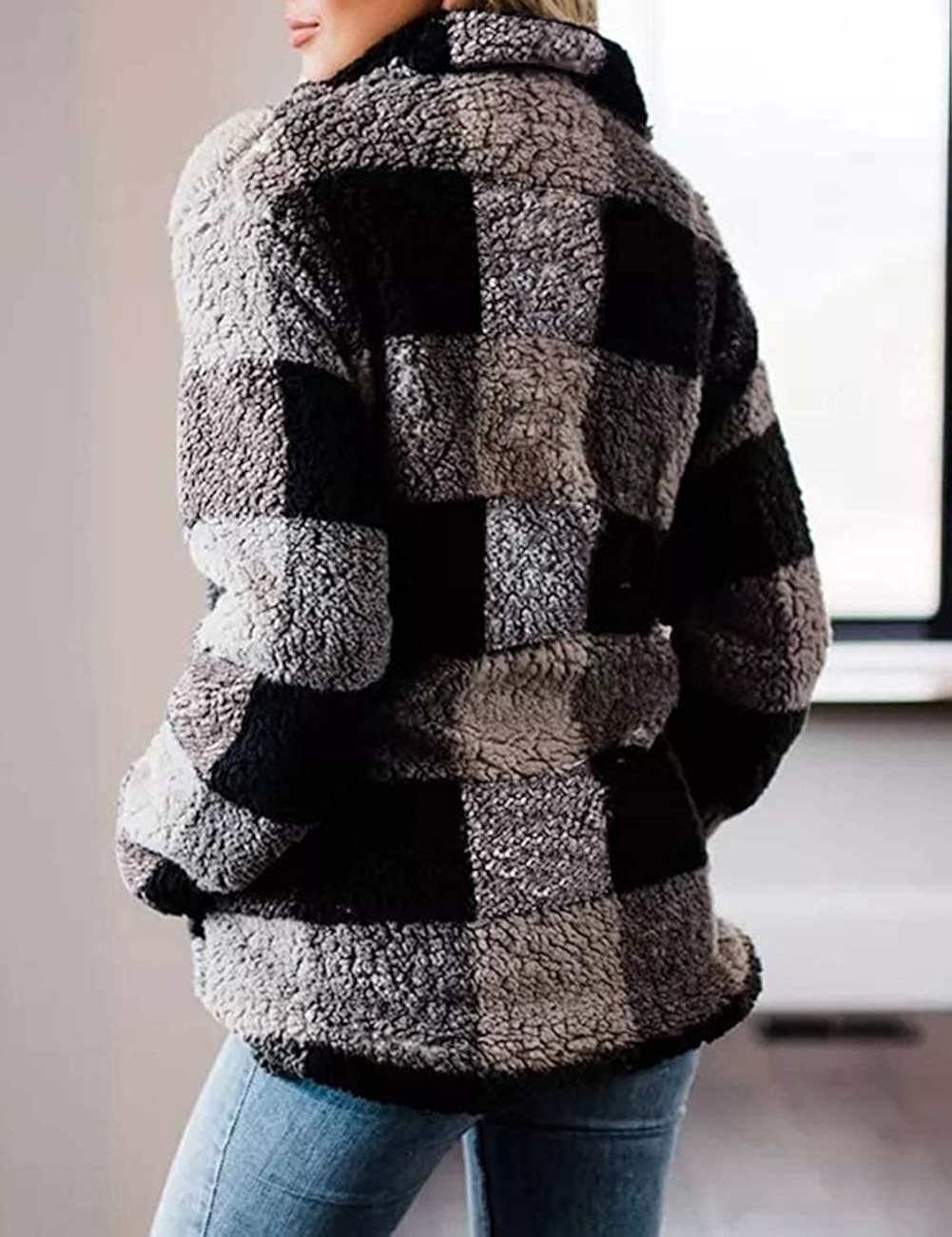 MEROKEETY Women's Plaid Sherpa Fleece Zip Sweatshirt Long Sleeve Pockets Pullover Jacket: Clothing