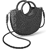 QTKJ Mini Semi-circle Rattan Straw Bag, Hand-woven Women Summer Retro Beach Tote Shoulder Bag Crossbody Travel Beach Bag