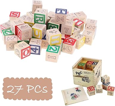 Blossom (27PCs) Wooden Blocks Letters Alphabets Numbers/ ABC 123 Animals Fruits Educational Learning Counting Toy with Box Storage Case