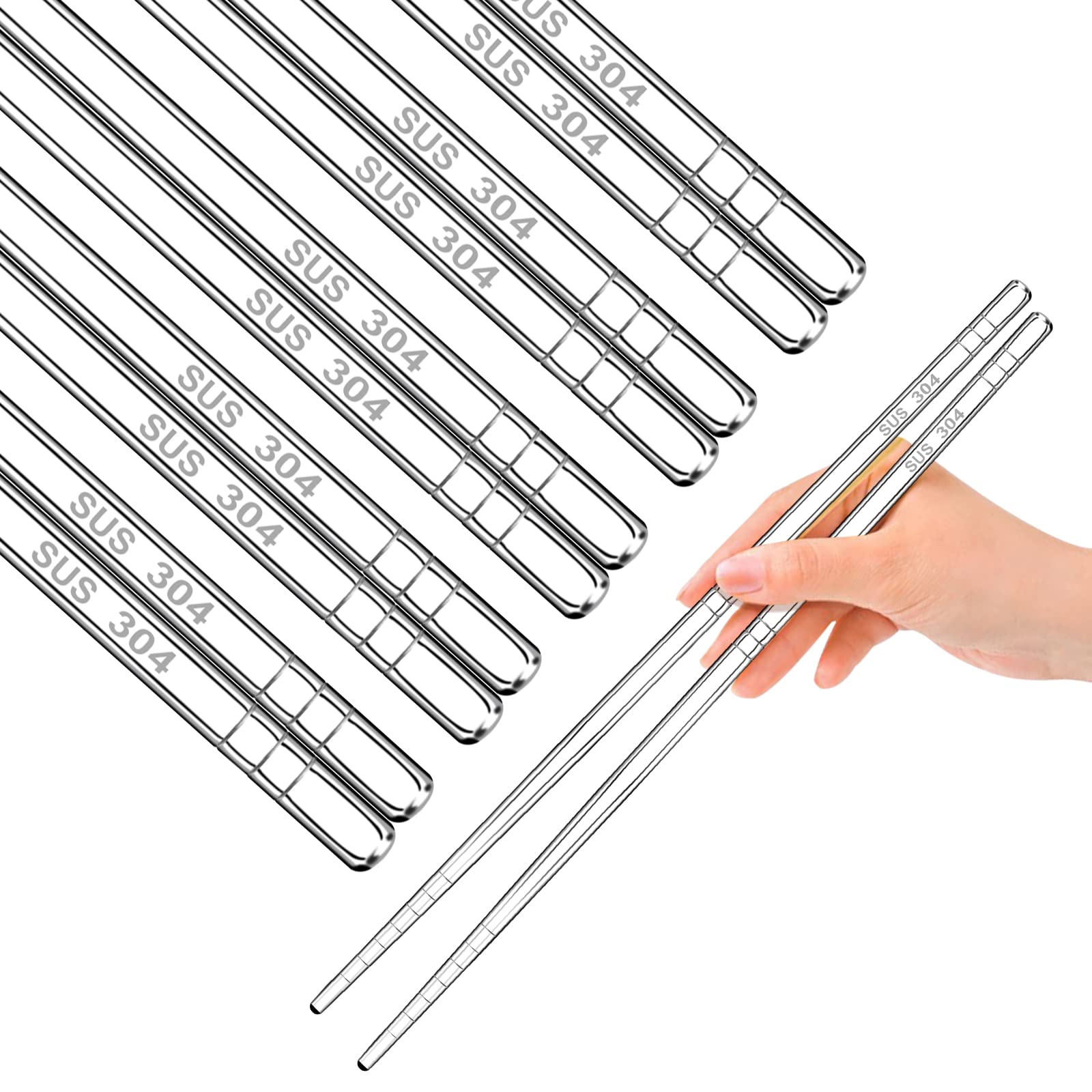 5 Pairs Japanese Metal Reusable Chopsticks for Sushi Sashimi Noodles Rice Asian Dishes, Superior Chinese Anti-Slip 304 Stainless Steel Chop Sticks Gift Set Dishwasher Safe for Cooking & Dining, Silver