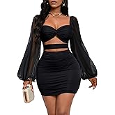 GothDark Womens Sexy Mesh Dress Bodycon Cut Out Puff Sleeve Ruched Party Club Homecoming Mini Dresses
