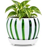 Folkulture Metal Planters for Indoor Plants with Drainage Hole &amp; Saucer | Green Striped Plant Pot, 5x4 Inch, Decorative Flower Pot for Home, Room &amp; Office D&eacute;cor, Home D&eacute;cor Gift