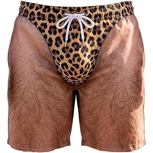 Tropical Hawaiian Men Beach Shorts, 3D Hairy Body Briefs Graphic Swim Trunks,Funny 3D Leopard Print Fake Briefs Beach Shorts