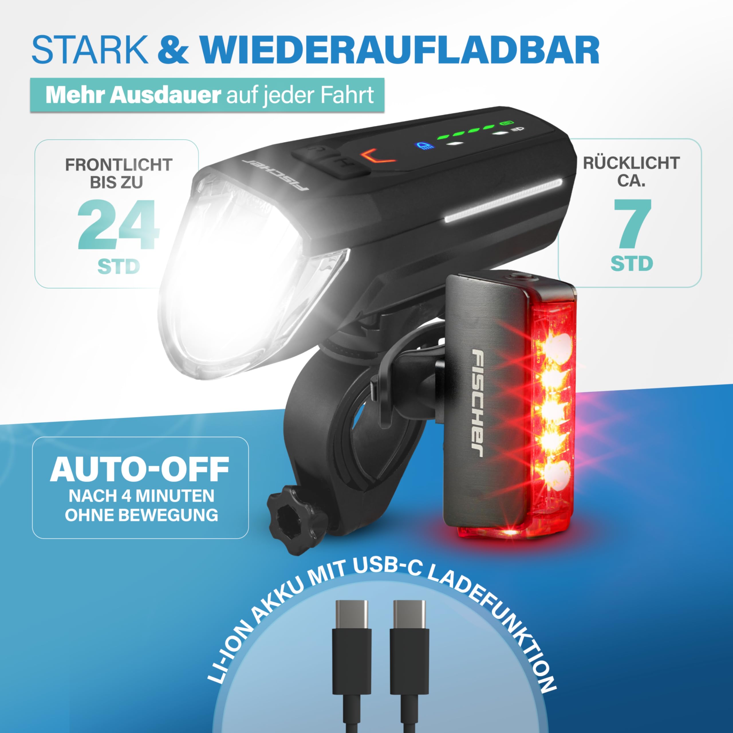 FISCHER Fahrrad LED-Akku Beleuchtungs-Set Twin Stop 100 +80 Lux Fernlicht, mit Sensormodus, Lange Leuchtdauer, stabiles Aluminium-Gehäuse, schwarz, 1 Stück 5