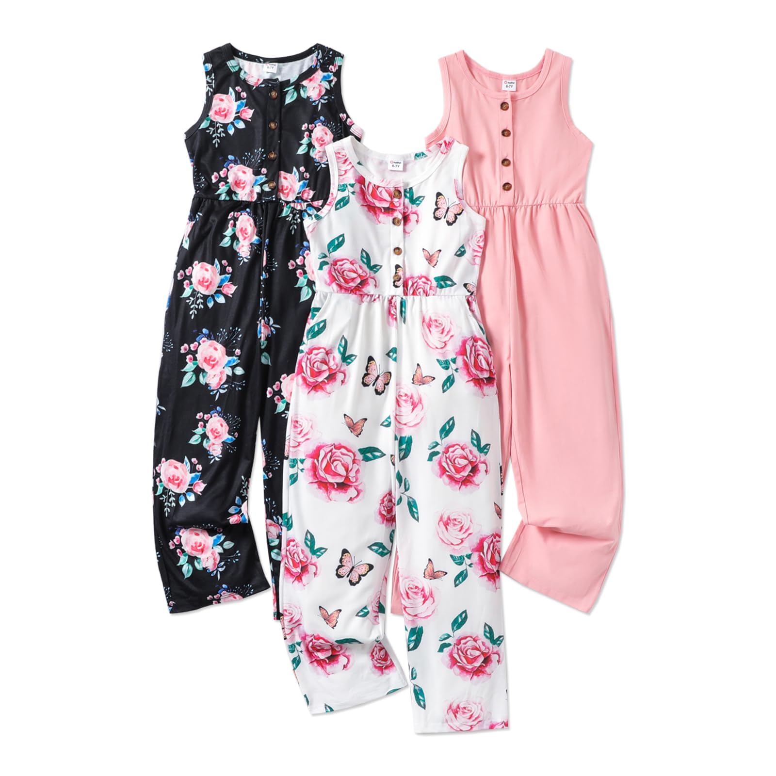 Photo 1 of ****1 PIECE OF THE 3*******PATPAT Girls Jumpsuits Size 10-12, Pink+Black Floral+White Butterfly, 3 Pack Jumpsuits Girls Rompers Size 10-12, V Neck Sleeveless Button Up Rompers With Pockets, Jumpers Kids Overalls