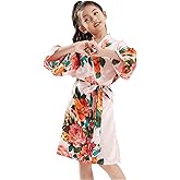 QXQTER Peony Floral Silk Kimono Robe Wedding Bridesmaid Robes Dressing Gown Nightgown for Girls