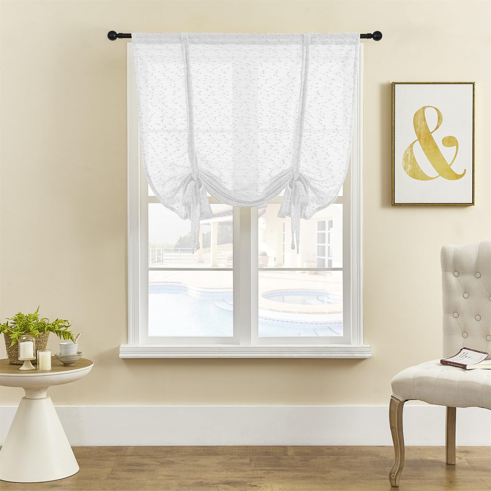 ele ELEOPTION Roman Tie-up Blind Curtain Translucent Elegant Luxury Window Voile Tier Curtain for Bedroom, Living Room, Kitchen, Small Window (White, 100x140cm)
