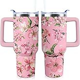 Pink Flowers Tumbler 40 oz Tumbler with Handle and Straw Lid Leak Proof - Pink Floral Coffee Travel Mug with Handle Insulated for Hot and Cold Drink Ice - Christmas Birthday Gifts for Women Lovers Cup