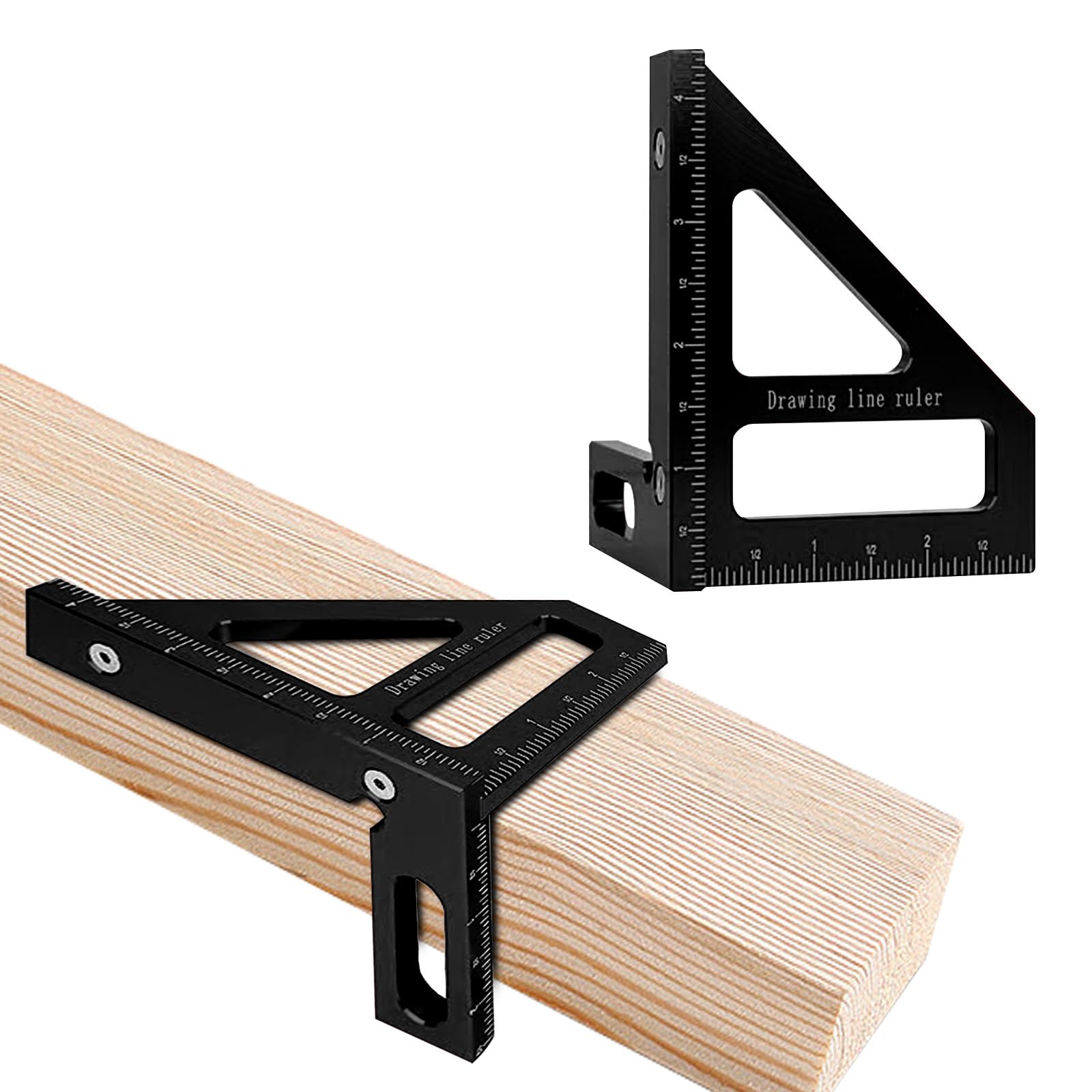 3D Multi Angle Measuring Ruler, 45° & 90° Degree Triangle Scriber Square Protractor, Miter Triangle Ruler Measuring Tool for Engineer Aluminum Inch Scale for Carpenters and Woodworkers (Black)