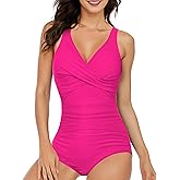 Women's One Piece Swimsuits Ruched Slimming Bathing Suits for Women V Neck Criss Cross Ruched Push Up Slimming Swimwear Hot Pink