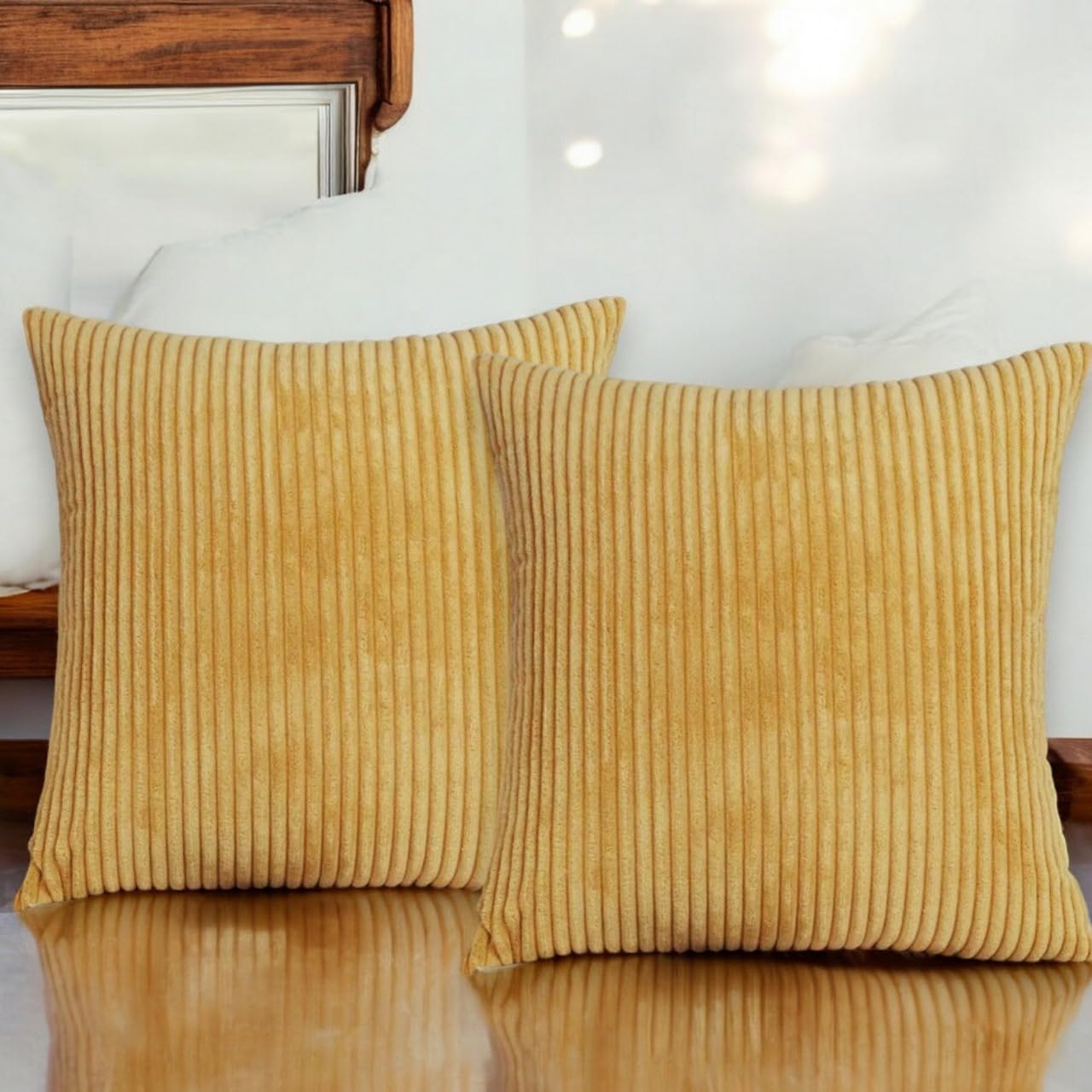 Seechoo Corduroy Cushion Covers, Set of 2, 45 x 45 cm, Striped, with Invisible Zipper, 18 x 18 Inch (Yellow Tuscany)