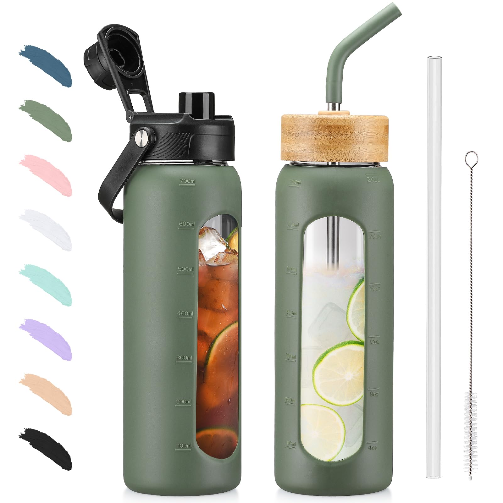 BLUEGO 700ml Glass Water Bottle with Straw and 2 Lids Glass Coffee Cup with Time Marker and Silicone Protector Glass Tumbler for Beverages Soda Cola BPA Free, Oliver