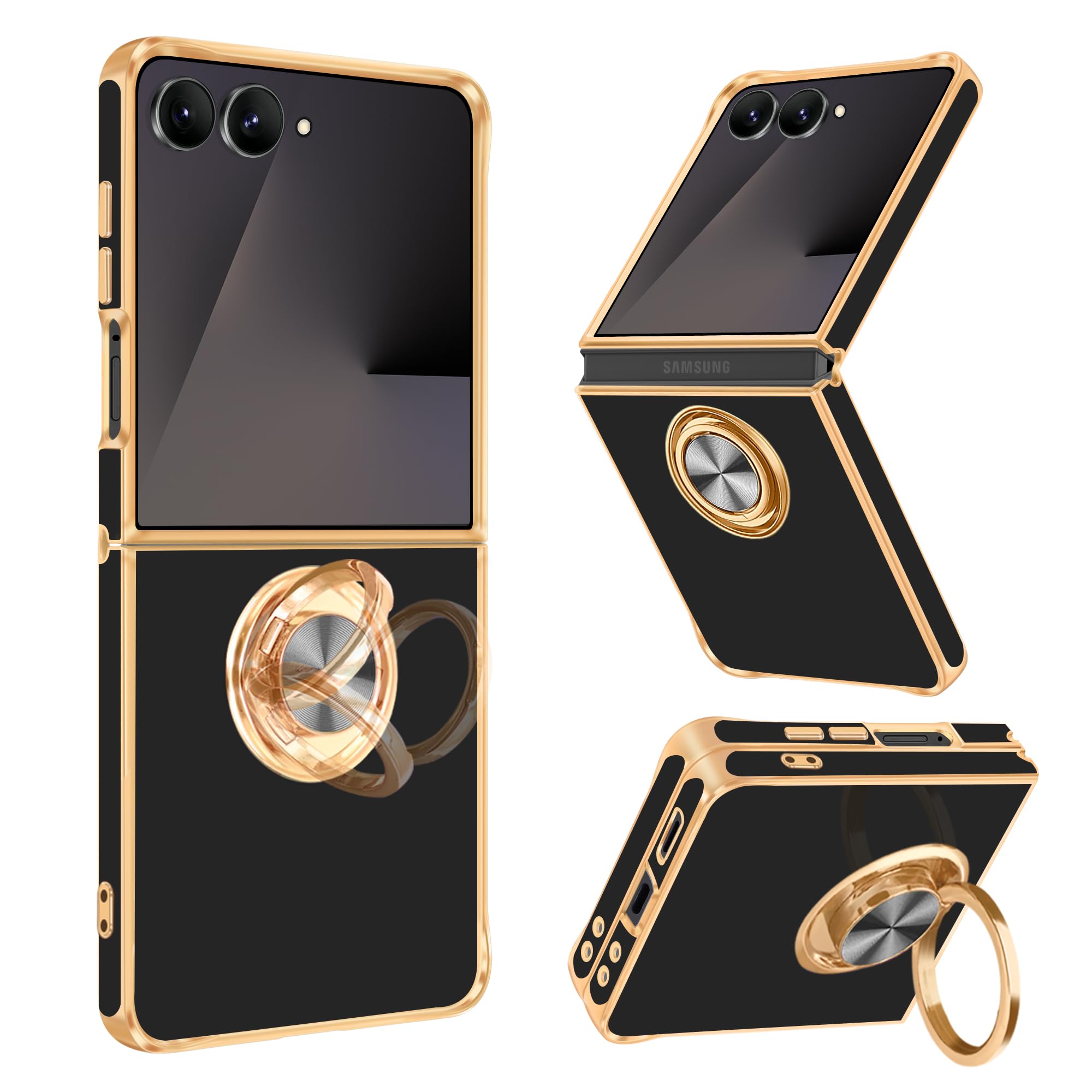 Photo 1 of Fingic for Galaxy Z Flip 7 Case[with 360°Rotatable Ring Holder][Support Magnetic Car Mount] Shiny Plating Gold Slim Thin Soft TPU Shockproof Case for Samsung Galaxy Z Flip7 for Women Men,2025,Black