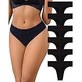 Fondtec Womens Seamless No Show Thong Underwear, High Waisted G-String, Cotton Gusset, Breathable Stretch, 6 Pack, Black