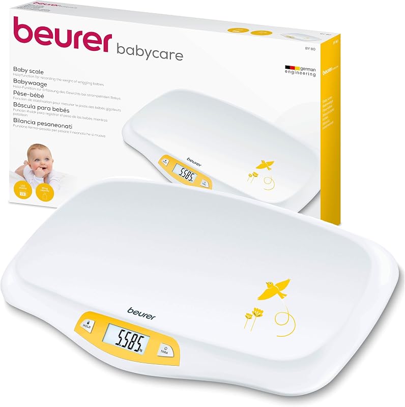 BY 80 Báscula para bebés, con superficie curvada y segura, capacidad de 20 kg, función de tara y retención para bebés que patalean, medición y visualización en pasos de 5 g