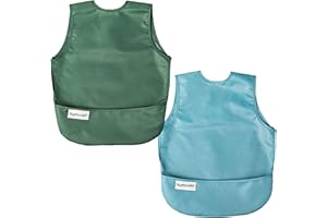 Tiny Twinkle Short Sleeve Apron Bibs for Babies & Toddlers – 2 Pack Waterproof, Mess-Proof Baby Bibs for Eating & Feeding, Machine Washable,Perfect Holiday Gift(Slate Olive, 6–24M)