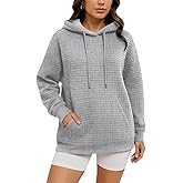 LINKDEER Womens Hoodies Casual Drawstring Waffle Pullover Fall Tops Loose Long Sleeve Hooded Sweatshirt with Pocket
