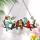 Huray Rayho Birds On Branch Stained Glass Suncatcher Cardinal Hummingbird Kingfisher Double Side Glass Panel Window Hanging Decor Bird Ornament Bird Lover Gift for Mom Grandma