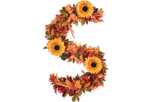 RJZZ 6FT Fall Garland for Mantle Fall Leaves Garland Artificial Fall Decorations Pumpkin Garland with Sunflowers Berries Pinecones Thanksgiving Garland Thanksgiving Decorations for Front Door Mantle