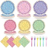 96Pcs Ice Cream Party Decorations Sweet One Birthday Plates Tableware Set Colorful Sprinkle Dessert Theme Dinner Paper Plates Napkins Donut Theme Dinnerware for Girls Baby Shower Party Supplies Favors