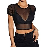 GAMISS Mesh Top for Women Crew Neck Short Sleeve Mesh Shirt Sexy Fitted Sheer Mesh Tee Top