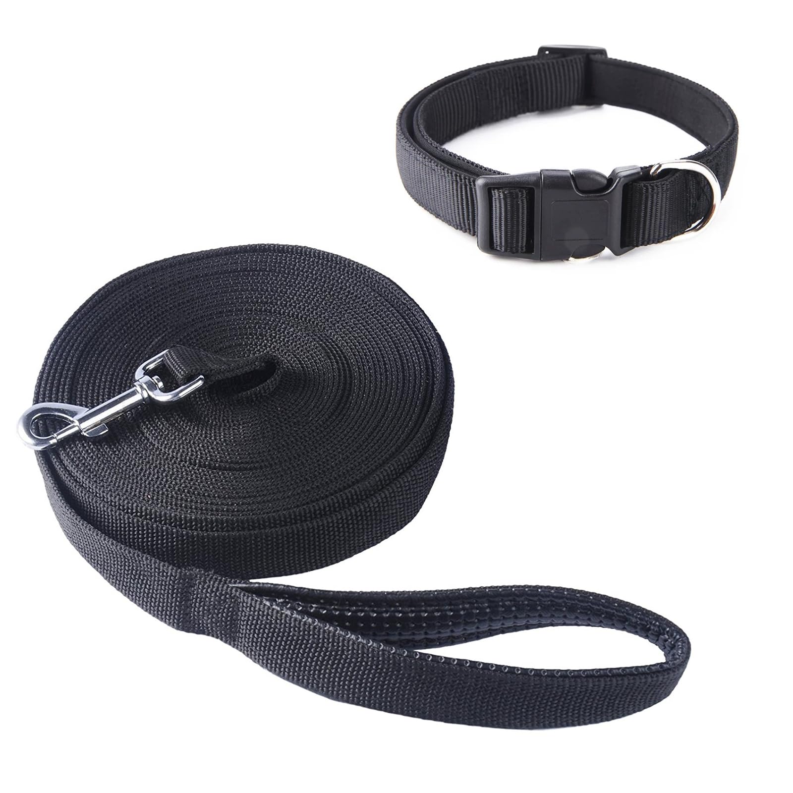 Pofomede Long Leash 33-Feet Dog Leash, Multiple-Use Extra Long Nylon Training Lead Leash with Friction Reducing Leather Padded Handle/Loop for Large Medium Dogs Training Walking (Black)