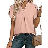 EVALESS Women's Dressy Casual Business Work Chiffon Blouses Tops Summer V Neck Cute Loose Petal Short Sleeve T-Shirts