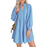 Lazysmile Dresses for Women Long Sleeve V Neck Button Down Ruffled Flowy Fall Casual Babydoll Tunic Dress