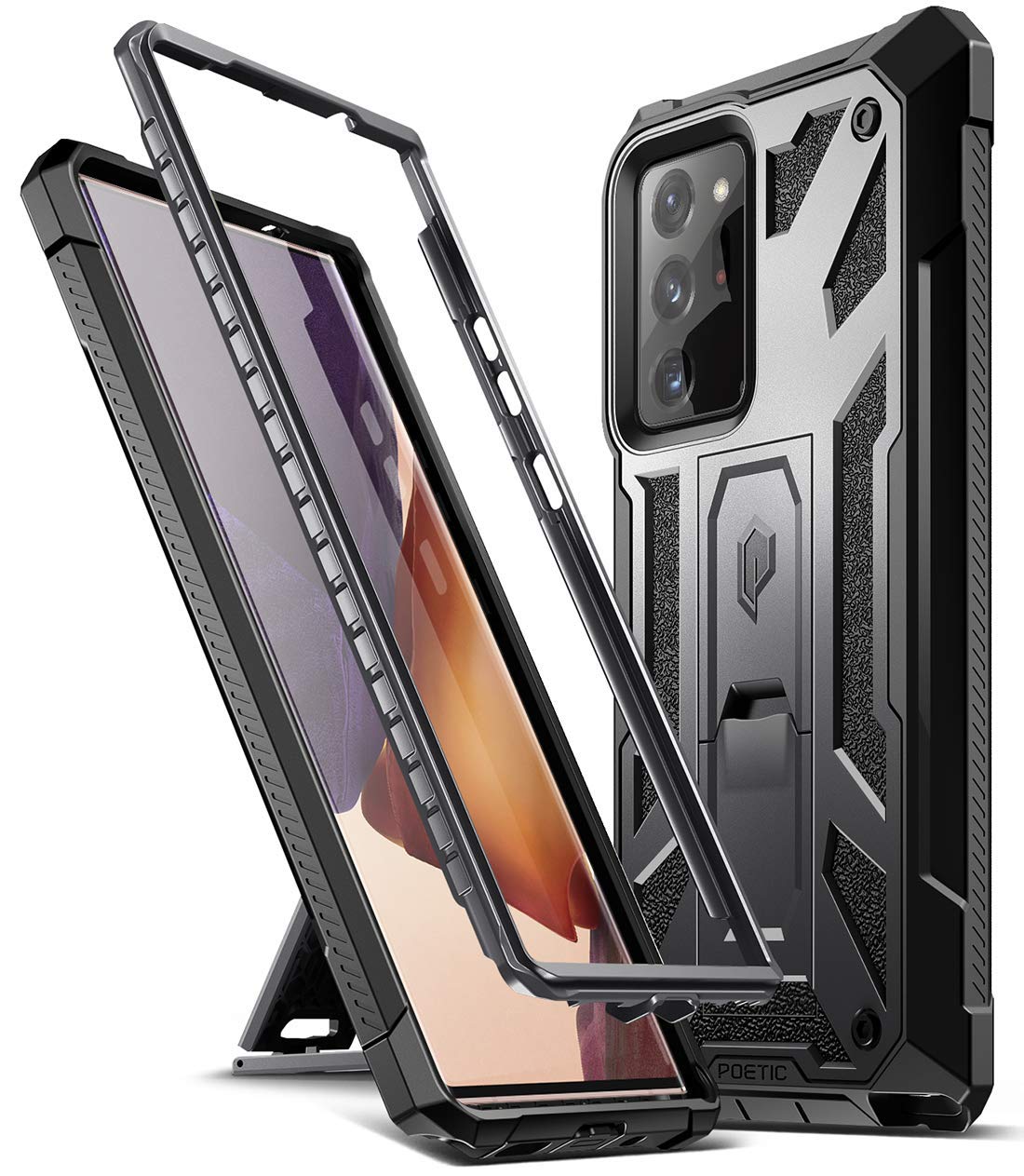 Poetic Spartan Series Case Compatible with Galaxy Note 20 Ultra, Full-Body Rugged Dual-Layer Metallic Color Accent with Premium Leather texture Shockproof Protective Cover with Kickstand, Gun Metal