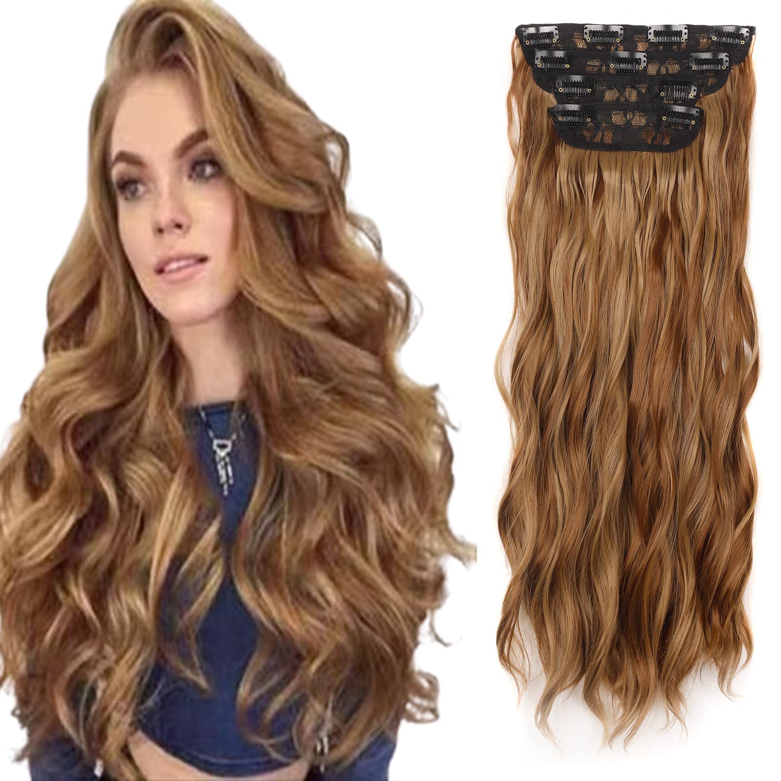 Gairyan Clip in Hair Extensions 4PCS Curly Wavy Long Hair Pieces Full Head Synthetic Hair Extension Thick Natural Look for Women, 22 Inches 180g, Light Brown & Natural Blonde — image 1