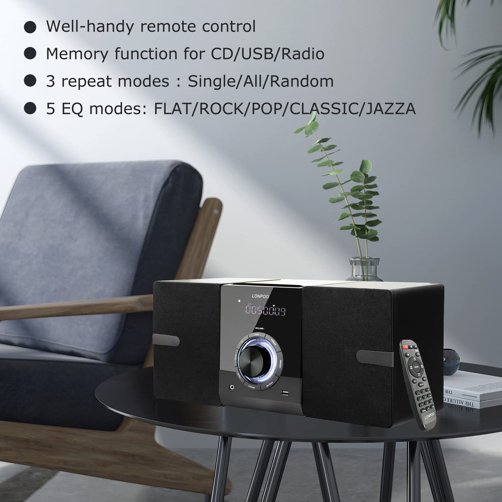 Compact Stereo System Speakers with CD Player, Bluetooth, FM Radio, Aux-in, USB-in, Earphone Jack, DSP-Tech, Remote, 30W Crisp-Sound Shelf Stereo System for Home (LP-886BT)