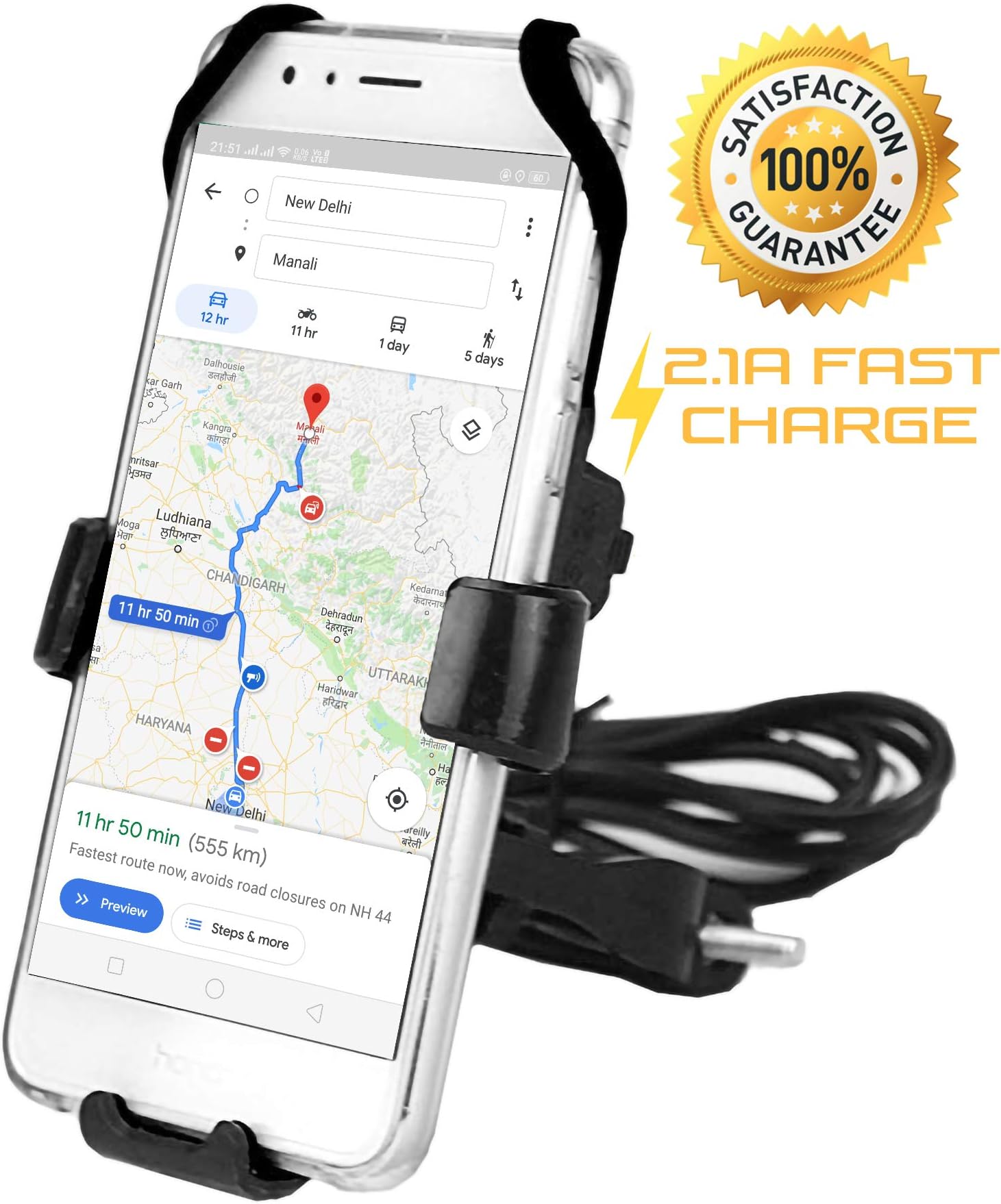 Vatsas 360 Degree Rotating T-Grip Universal Mobile Holder for Bikes with 2.1A Turbo Fast USB Charger