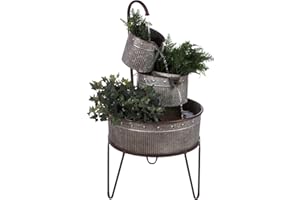 Alpine Corporation YHL684 33" Outdoor Floor 3-Tier Vintage Tubs and Planters Fountain, Rustic Metal Cascading Waterfall Feature for Gardens, Patios, and Yards, Silver