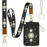 bolimoss Sun and Moon Badge Holder & Lanyard Wallet Removable Lanyards for Teacher Womens Wallet with Wristlet & Neck Lanyard, Clear Window, 5 Card Slots, Pocket,1 Side Zipper Pocket, Ring Keychain