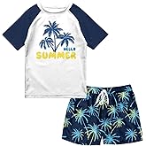 SunFocus Boys Two Piece Rash Guard Swimsuits Sets Bathing Suits with Trunks 4-12 Years