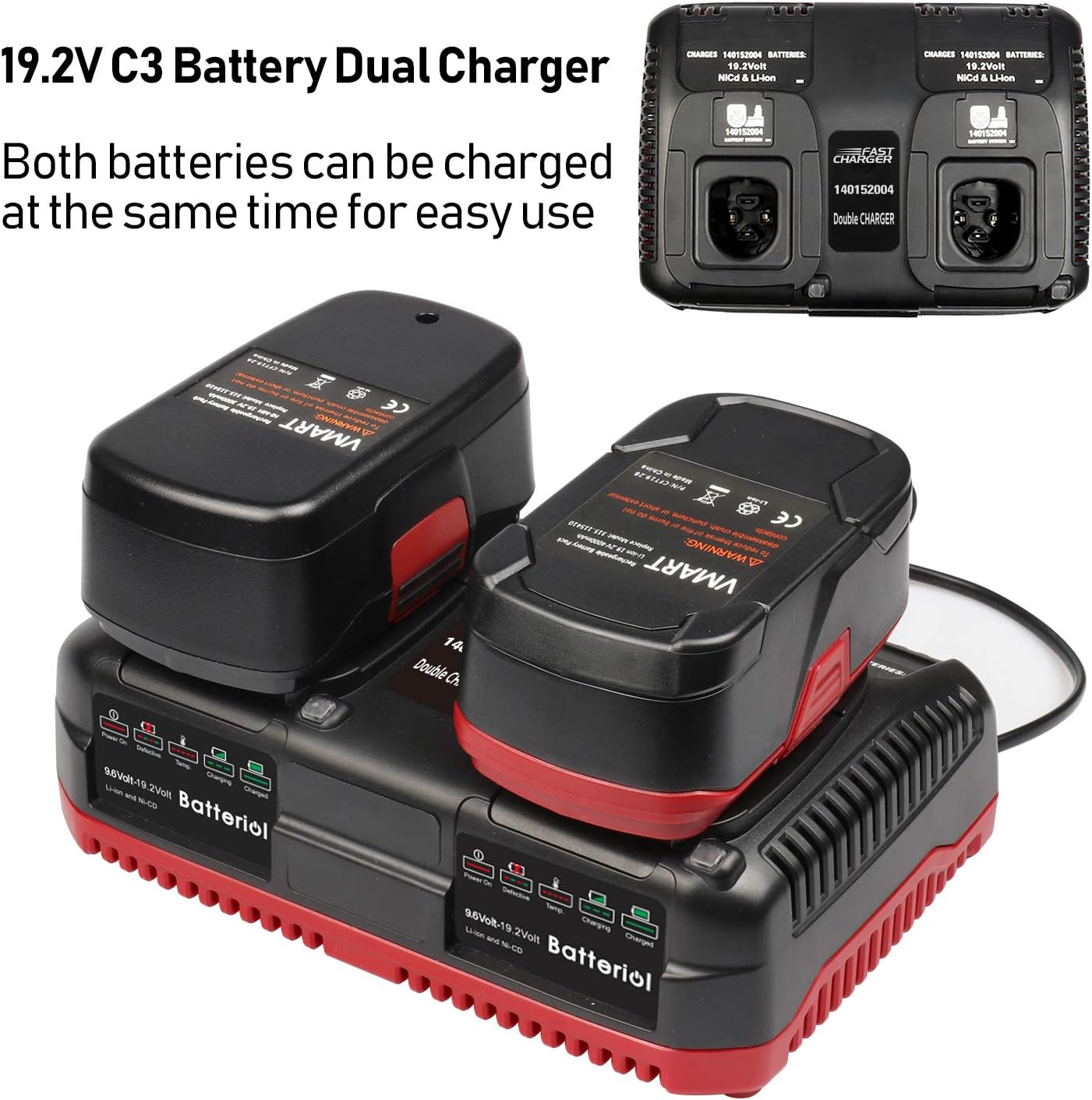 Batteriol 19.2V C3 Battery Dual Charger for Craftsman 19.2V Lithium-ion & NI-CD Battery 11375 11376 130279005 315.PP2011 315.PP2010 Upgraded Dual Chemistry Charger - - 