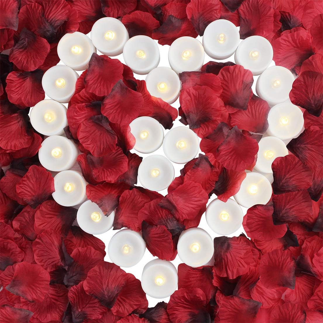 Amazon Com Obmwang Pack Of 24pcs Realistic Flameless Led Tea Light Candles And 00pcs Dark Silk Rose Petals Artificial Red Rose Flower Petals Ideal For Valentine S Day Proposal Wedding Anniversary Honeymoo Home Improvement