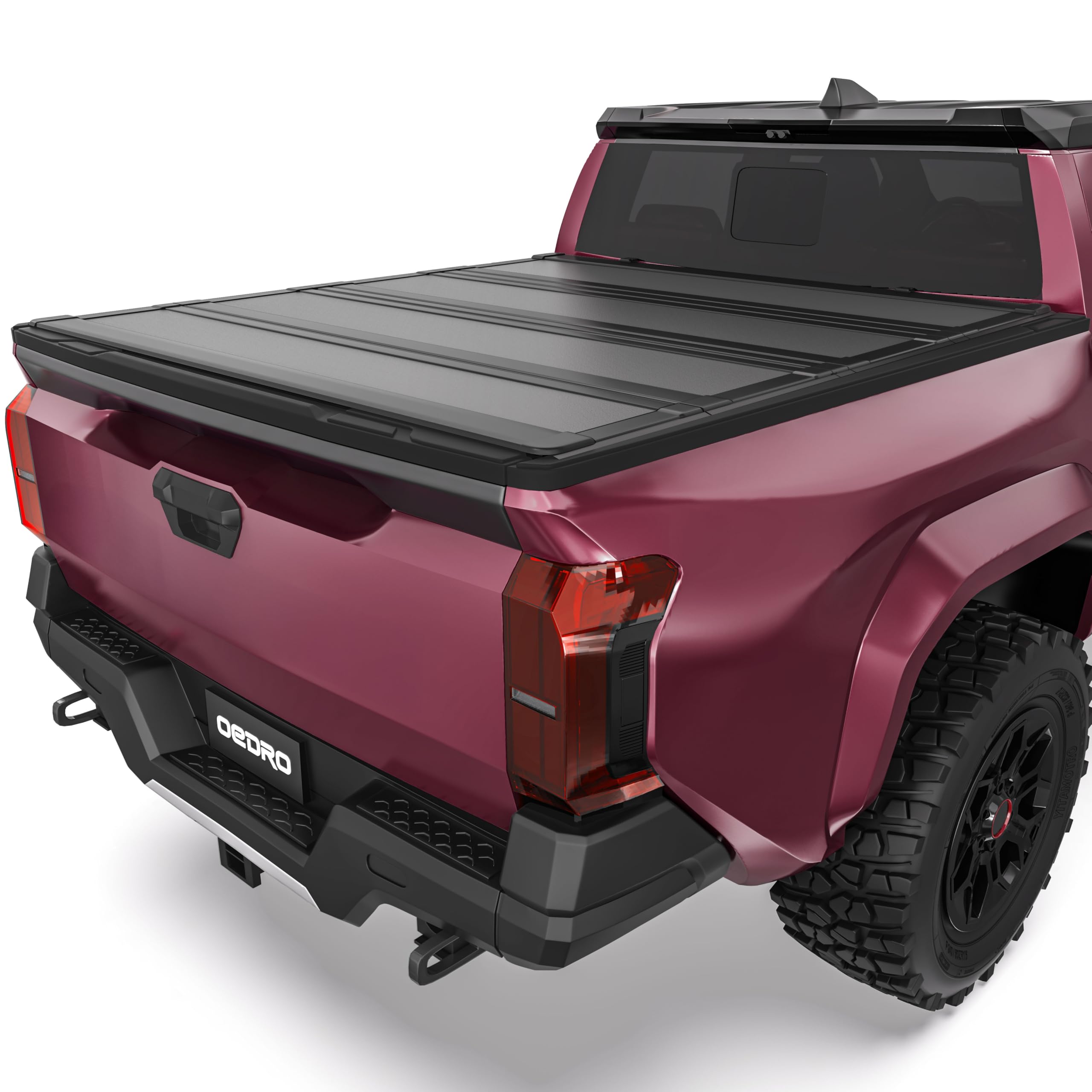 OEDRO Low-Profile Hard Quad-Fold Tonneau Cover Compatible with Toyota Tacoma 2024 2025 (Excl. Trail Edition) 5ft Bed with Tacoma Bed Rail, One-Handed Quick Release, Drainage Design Image