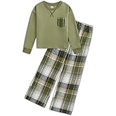 JiAmy Girls Clothes Solid Long Sleeve Tops Plaid Wide Leg Pants With Pockets 2 Pcs Outfits Size 5-14