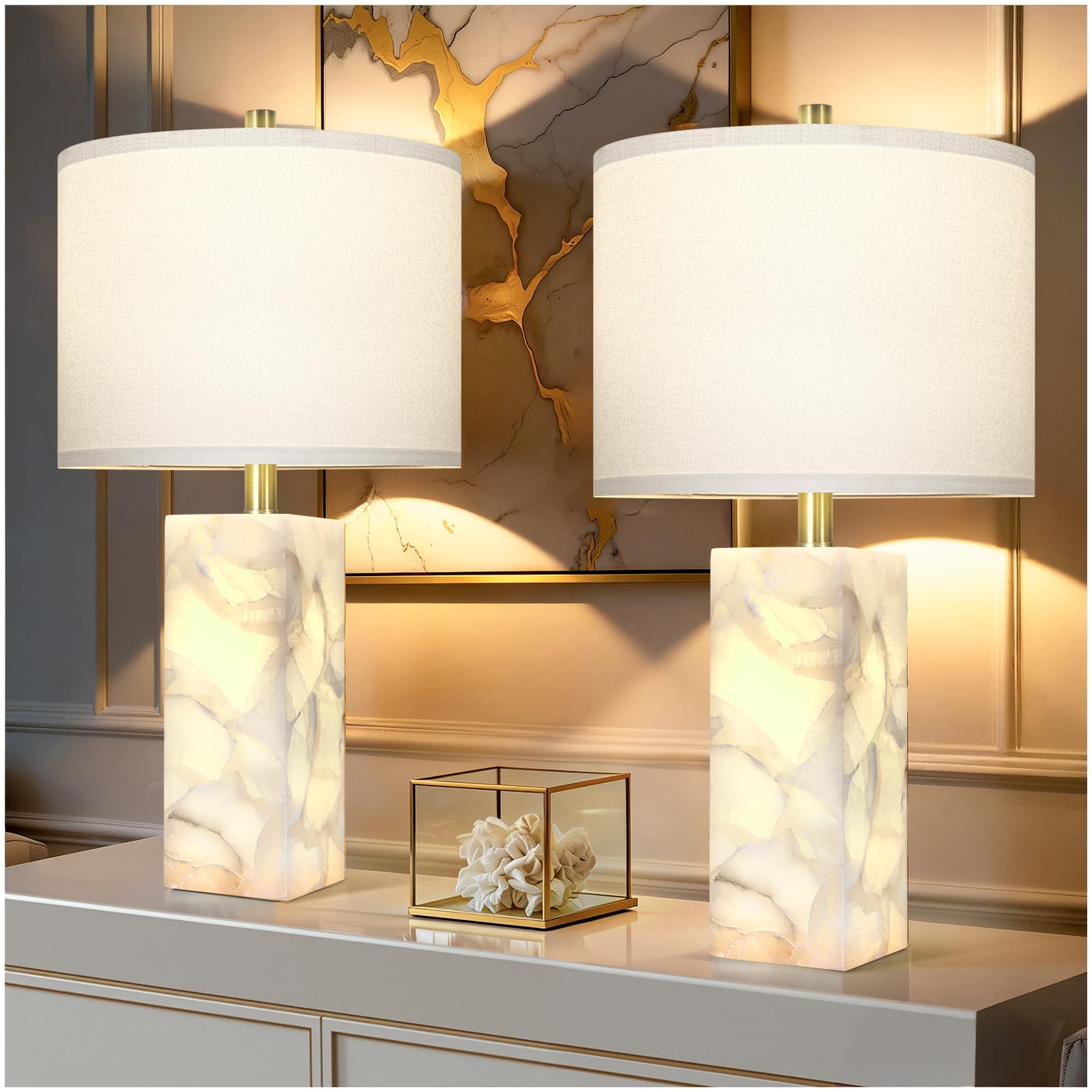Photo 1 of Scenekoy Natural Alabaster Table Lamp Set of 2 with Night Light for Bedroom Living Room, 23" Rotary Switch Bedside Lamp with Linen Shade, Modern Nightstand Lamps for Room Office Dorm (Bulb Included)