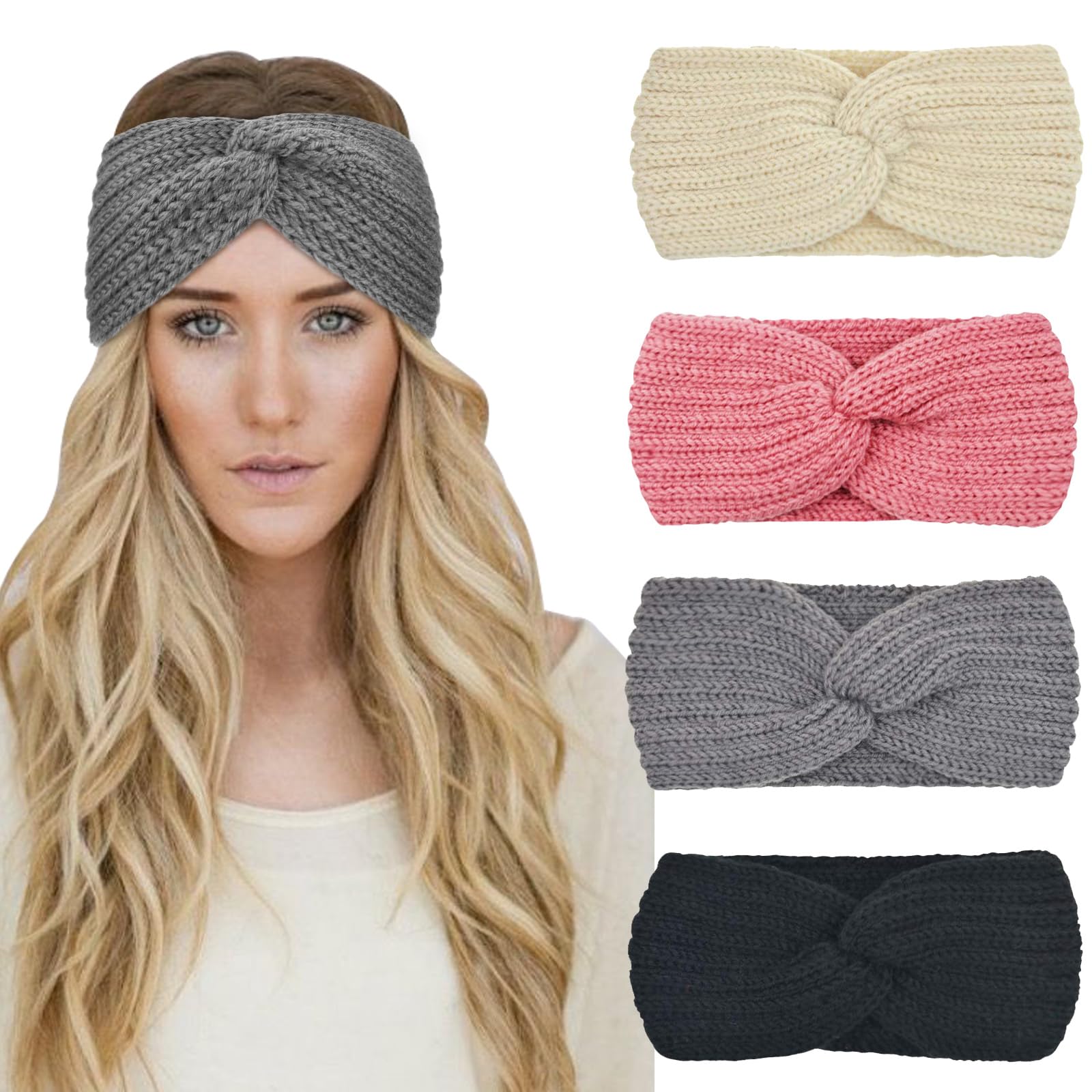 DRESHOW 4 Pack Crochet Knit Turban Headband Warm Bulky Crocheted Head Wrap Headband Ear Warmer for Women