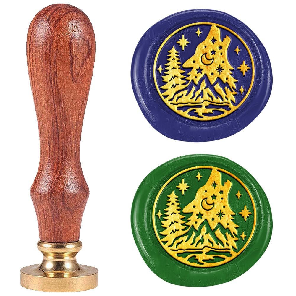 DELORIGIN Wolfhead Forest Wax Seal Stamp Removable 1" Brass Sealing Wax Stamp Head with Wooden Handle Vintage Embossed Stamp for Envelope Greeting Card Letter Invitations Wine Gift Wrapping Decor