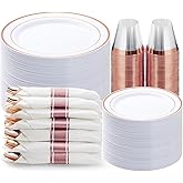 BESTVIP 350PCS Rose Gold Plastic Dinnerware Set, Disposable Party Plates for 50 Guests, Include: 100 Plastic Plates, 50 Pre Rolled Napkins with Rose Gold Silverware, 50 Cups for Christmas, Halloween