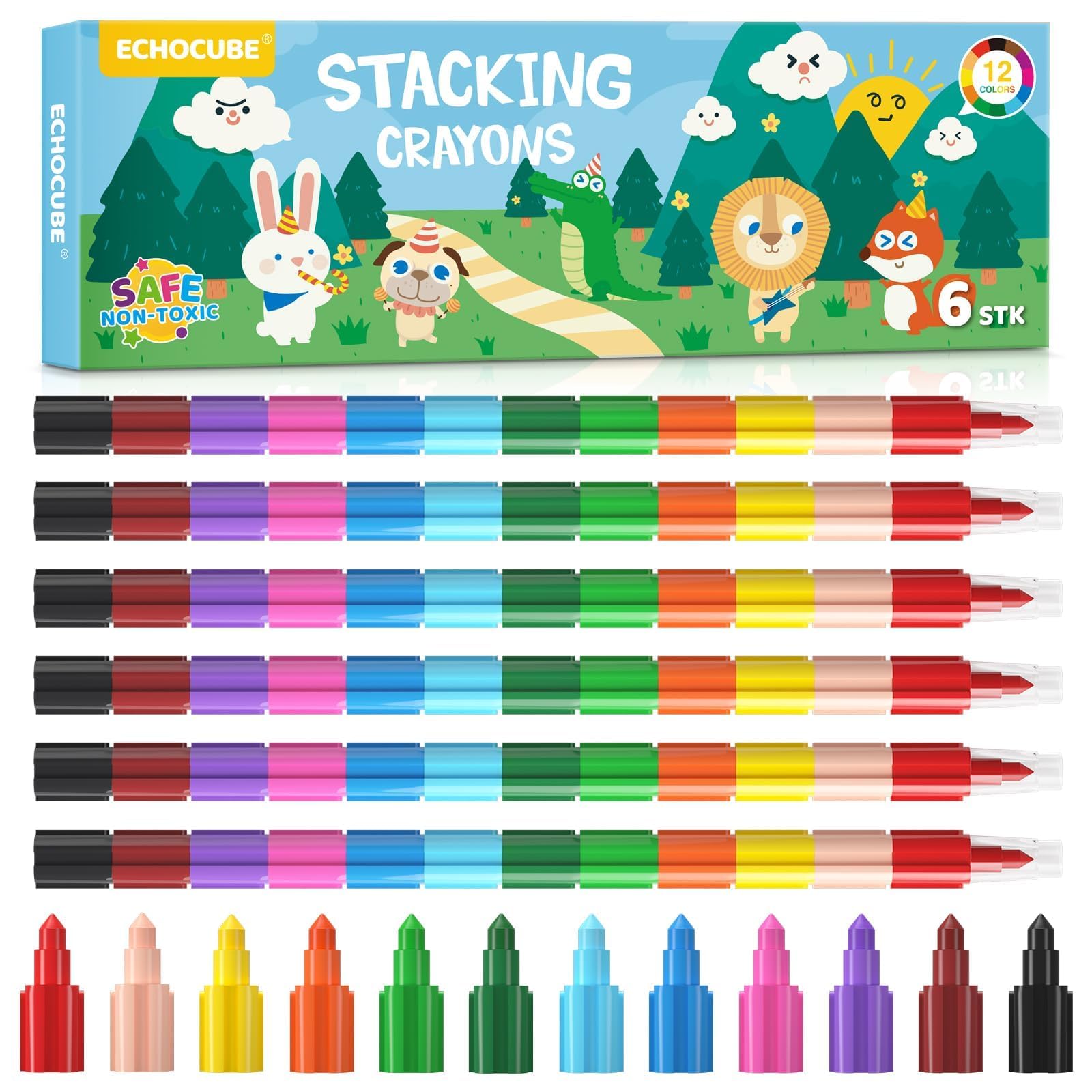 ECHOCUBE 6 x Swop Point Crayons for Kids & Adults, Stacking Crayon for School Office Drawing, Colouring Crayons Pencil Set for Party Bags Fillers, Rainbow Pencils Stationary Supplies
