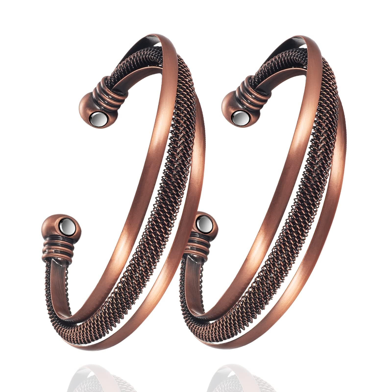 EnerCoppeX Copper Magnetic Bracelet for Men and Women, 100% Solid Copper Magnetic Brass, with 2 Large Magnets, Adjustable Size Cuff Bracelet (2PC)