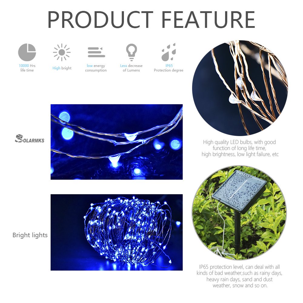 2 Pack Solar String Lights,33ft 100 LED Solar Fairy Lights 8 Modes Blue Copper Wire Lights Waterproof Outdoor String Lights for Garden Patio Gate Yard Party Wedding Xmas Tree