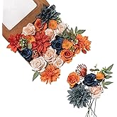 FANKO Rose Artificial Flowers Combo for DIY, Fake Burnt Orange & Navy Blue Rose Silk Flowers Greenery, Faux Flowers for Wedding Bridal Bouquet, Table Centerpieces, Floral Arrangement, Home Decoration