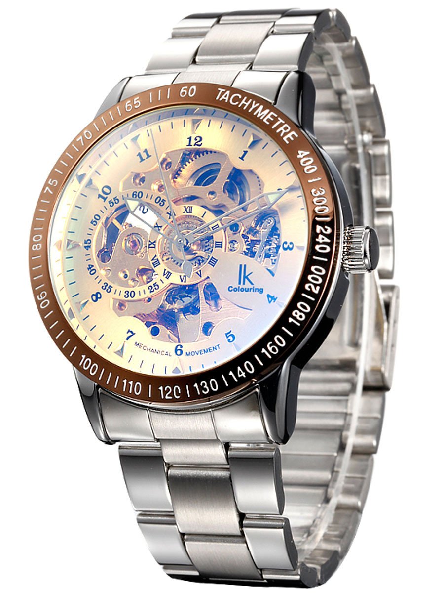 Alienwork IK Automatic Watch Men Women Silver Stainless Steel Metal Strap Gold Skeleton Glass Bottom