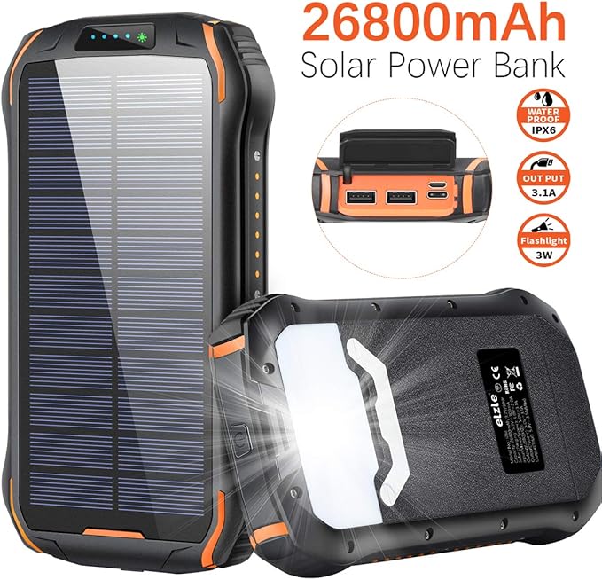 elzle Cargador Solar 26800mAh, Solar Power Bank 15W (5V / 3A) Salida de